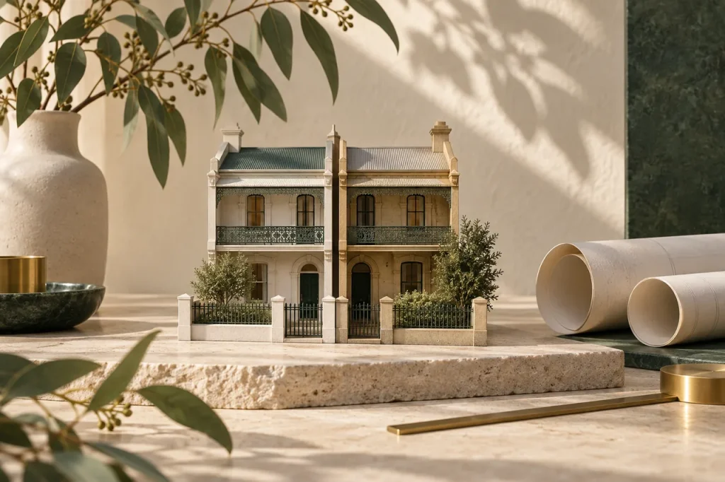 An illustration of an architectural model of two neighbouring terrace houses.